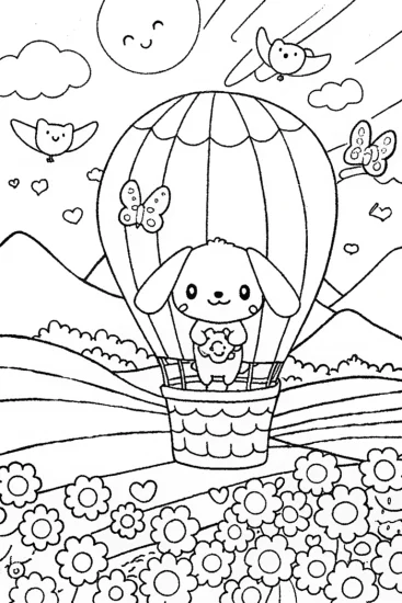 A coloring page of Cinnamoroll in a fluffy balloon ride