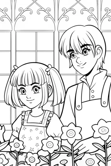 A coloring page of The Enchanted Anime Botanists Coloring Page