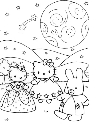 A coloring page of Hello Kitty’s Enchanted Moonlit Dance Coloring Page