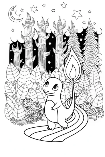 A coloring page of Charmander’s starlit forest journey coloring page