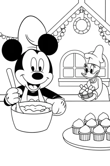 A coloring page of Mickey Mouse Christmas Bake-Off Coloring Page