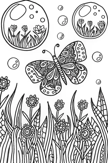 A coloring page of Butterfly Bubble Adventure Coloring Page