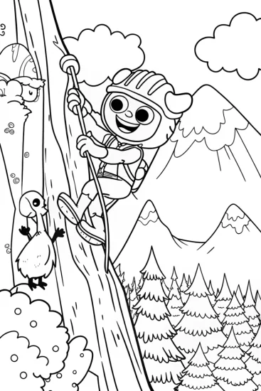 A coloring page of Huggy Wuggy’s Mountain Climbing Adventure Coloring Page