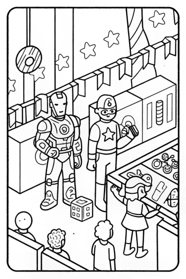 A coloring page of Iron Man at the Future Tech Fair Coloring Page