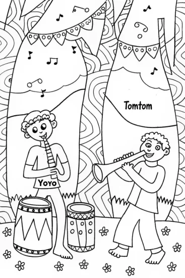 A coloring page of JJ’s whimsical music celebration coloring page