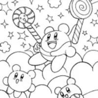 Kirby’s Sweet Adventure on Candy Clouds Coloring Page