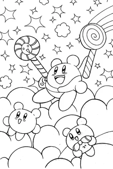 A coloring page of Kirby’s Sweet Adventure on Candy Clouds Coloring Page