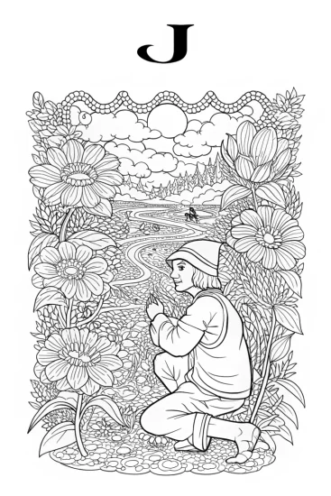 A coloring page of JJ and the Magical Garden of Wishes