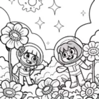 Anime Astronauts in a Cosmic Garden Coloring Page