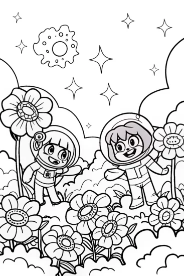 A coloring page of Anime Astronauts in a Cosmic Garden Coloring Page