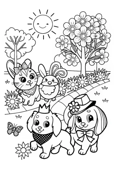 A coloring page of Puppy Parade in the Park Coloring Page