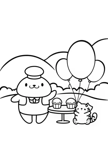 A coloring page of Pompompurin’s Cozy Cloud Café Coloring Page