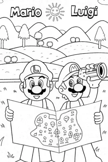 A coloring page of Mario and Luigi’s Treasure Map Adventure Coloring Page