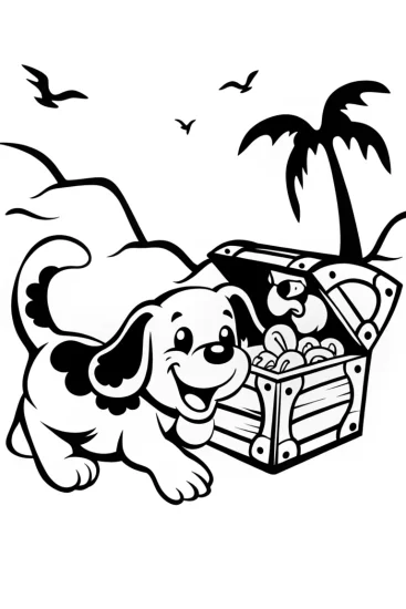 A coloring page of Puppy digging for buried treasure
