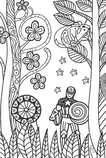 A coloring page of Captain America Fantasy Forest Coloring Page