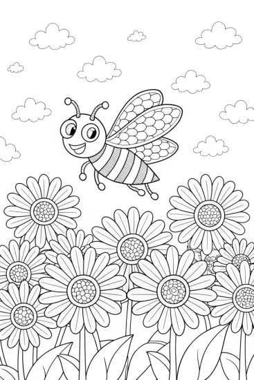 A coloring page of Buzzy Bees in a Sunny Garden Coloring Page
