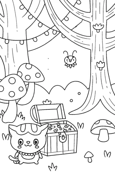 A coloring page of Kuromi in the magical forest quest coloring page