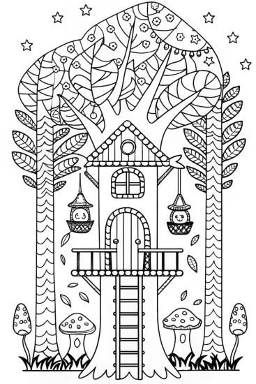 A coloring page of Huggy Wuggy’s Whimsical Treehouse Quest Coloring Page