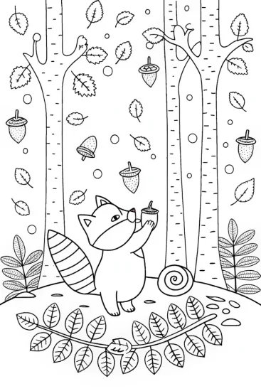 A coloring page of Autumn Adventure of the Mischievous Raccoon
