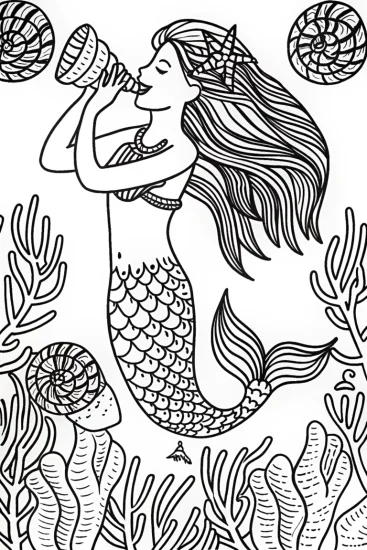 A coloring page of Mermaid’s Musical Journey Coloring Page