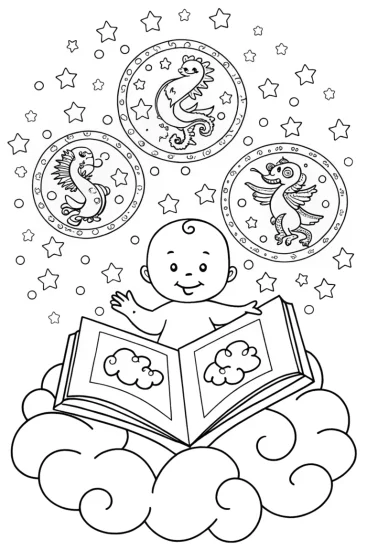 A coloring page of Baby’s Magical Storytime Coloring Page