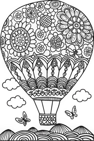 A coloring page of Whimsical Flower Hot Air Balloon Adventure
