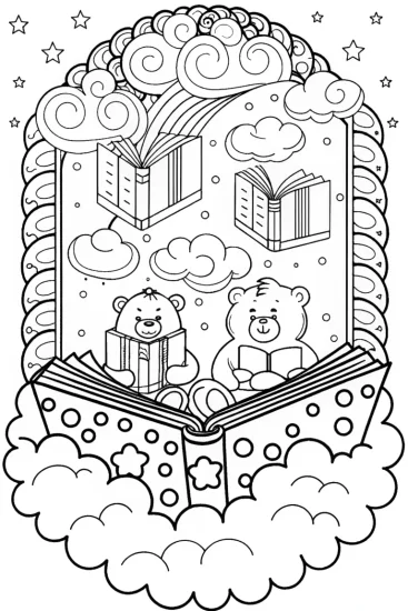A coloring page of Care Bears Cozy Cloud Library Adventure Coloring Page