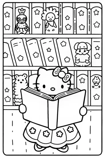 A coloring page of Hello Kitty’s Magical Book Adventure Coloring Page