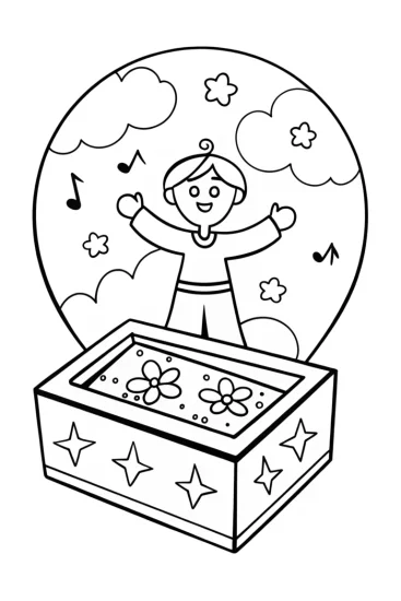 A coloring page of JJ’s Whimsical Music Box Adventure Coloring Page