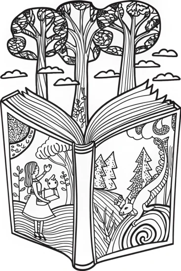 A coloring page of Alice Inside the Book of Curiosities Coloring Page
