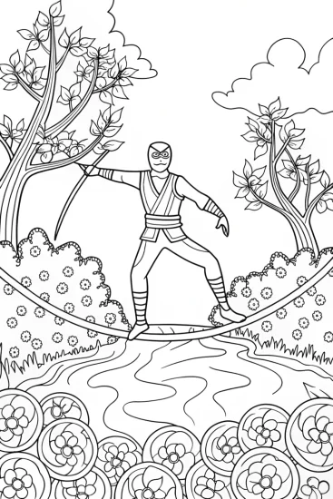 A coloring page of Ninja on a Floating Bridge Coloring Page