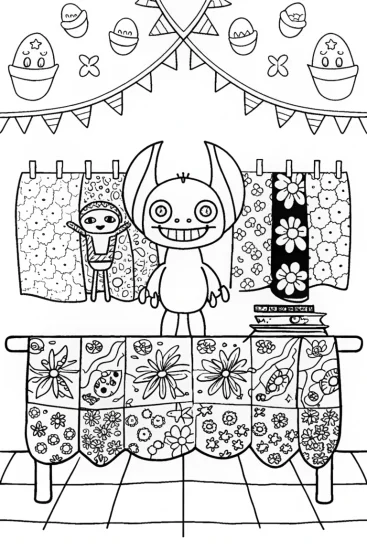 A coloring page of Stitch’s Cozy Sewing Showcase Coloring Page