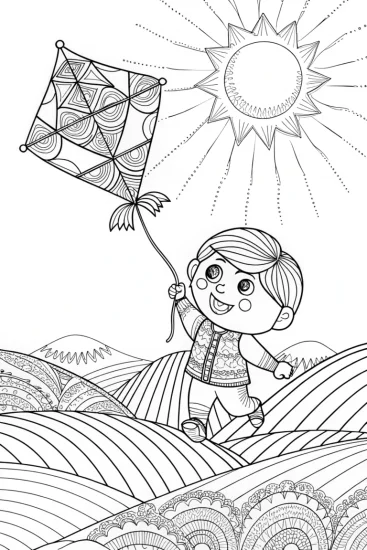 A coloring page of JJ’s Colorful Kite Adventure Coloring Page