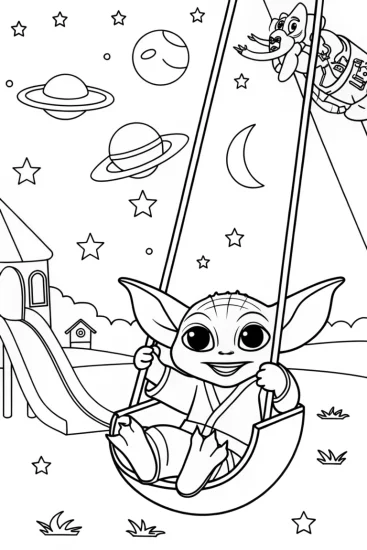 A coloring page of Baby Yoda’s Starry Playground Coloring Page