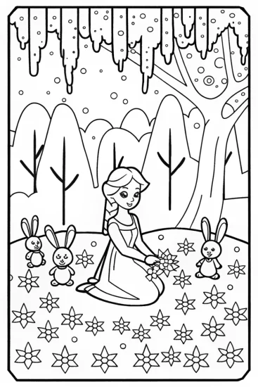 A coloring page of Elsa in her magical ice garden