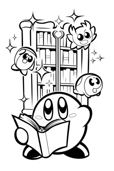 A coloring page of Kirby in the Enchanted Library Coloring Page