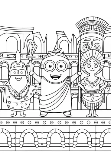 A coloring page of Minion in a toga at the Roman coliseum