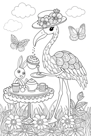 A coloring page of Flamingo Garden Tea Party Coloring Page