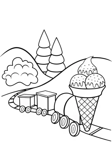 A coloring page of Ice Cream Train Adventure Coloring Page