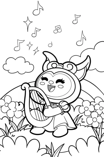 A coloring page of Kuromi’s magical harp in the flower garden