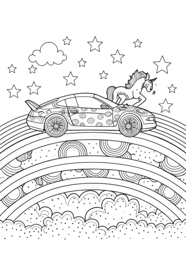 A coloring page of Lamborghini Dreams and Unicorn Adventures Coloring Page