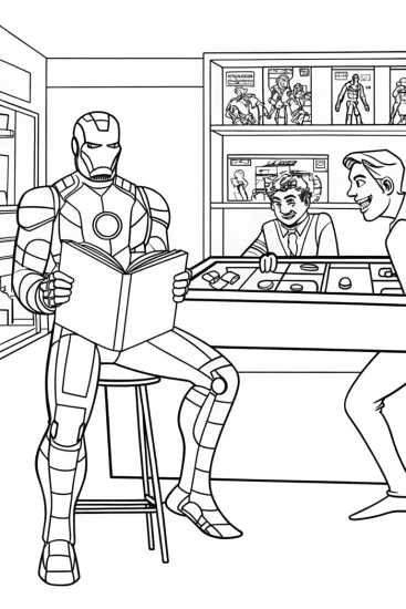 A coloring page of Iron Man at the Comic Book Shop Coloring Page