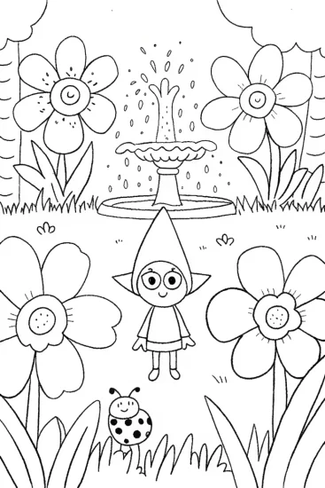 A coloring page of Cupcake Chic’s whimsical garden quest
