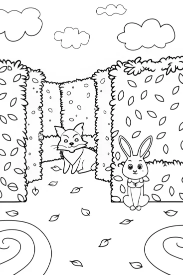 A coloring page of Autumn Adventures in the Leafy Labyrinth