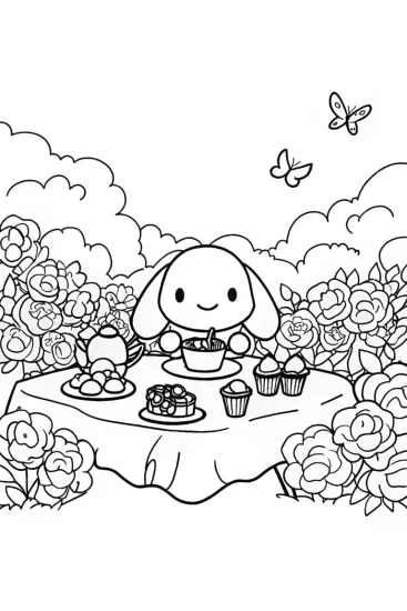A coloring page of Cinnamoroll’s Magic Garden Tea Party Coloring Page