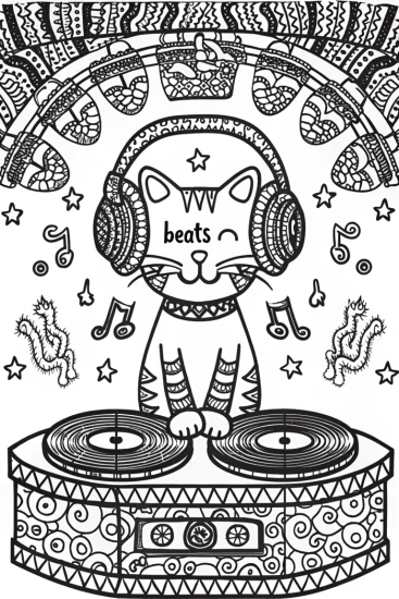 A coloring page of The Cat DJ Beats Coloring Page