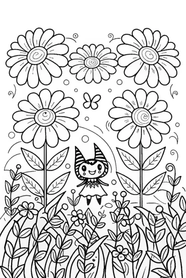 A coloring page of Kuromi’s Enchanted Garden Adventure Coloring Page