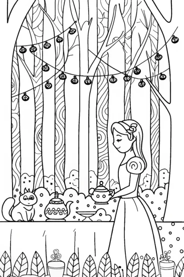 A coloring page of Barbie’s Magical Tea Time in the Forest Coloring Page