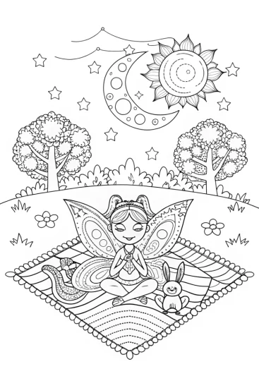 A coloring page of The Fairy’s Starry Night Picnic Coloring Page