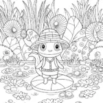 Axolotl Explorer in the Enchanted Marsh Coloring Page